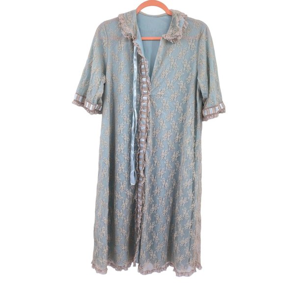 Vintage Miss Glamour lace snap front robe size 34 robins egg blue midi - Picture 1 of 11